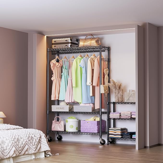 IZEUK 3 Tier Heavy Duty Rolling Garment Rack Wire Clothes Rack for Hanging Clothes, Metal Freestanding Closet Wardrobe Rack with 1 Rods and Wheels Black 15.7" D x 45.3" W x 75.6" H