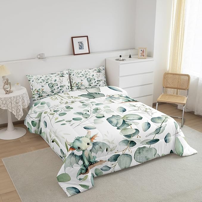 Erosebridal Boys Magic Animal Twin Bedding Sets Cute Dragon Comforter Set, Cartoon Wildlife Bedding Comforter Sets Green Leaf Duvet Insert, Spring Garden Plant Down Comforter Child Kids Bedroom Decor