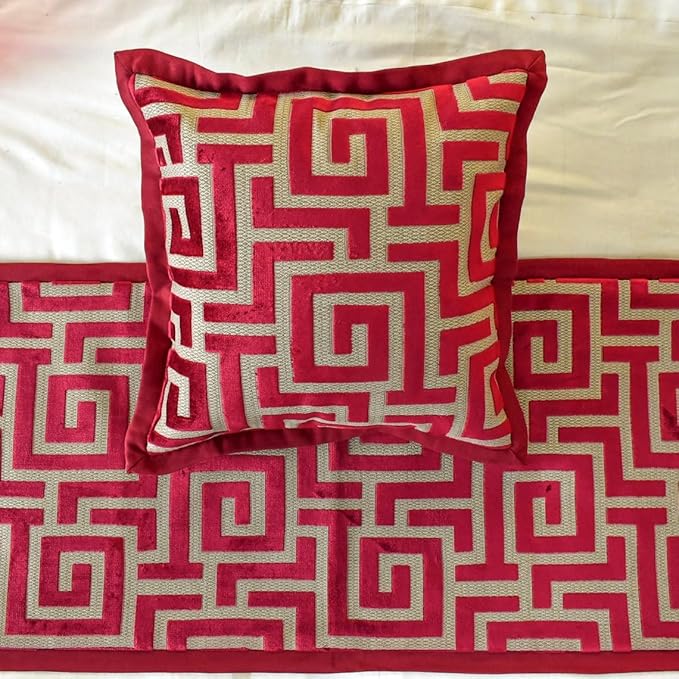 The HomeCentric King/Queen/Twin Red Decorative Twin 53"x18" Bed Runner with Pillow Cover, Maze Bed Scarf on Velvet Fabric - Path