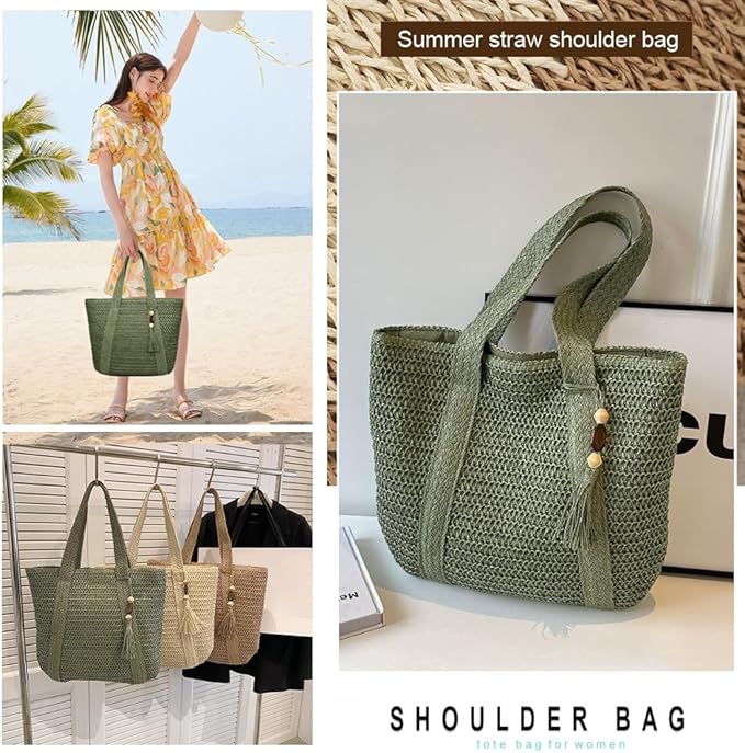 Straw Beach Bags for Women Woven Beach Tote Bag Casual Boho Large Shoulder Handbags Purse for Vacation Holiday