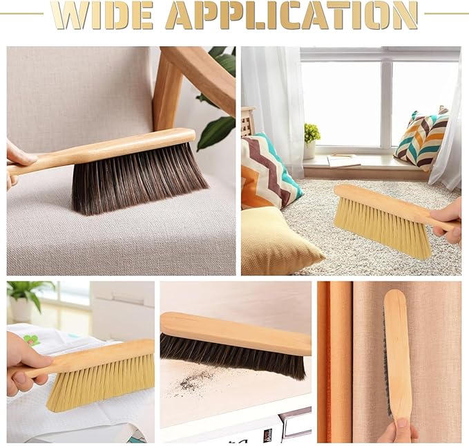 2 Pieces Woooden Dust Brush Hand Broom Bench Brush with Long Wood Handle Whisk Broom Soft Bristle Brush for Counter Bed Sofa Car Fireplace Clothes Household Cleaning(Brown, Khaki)