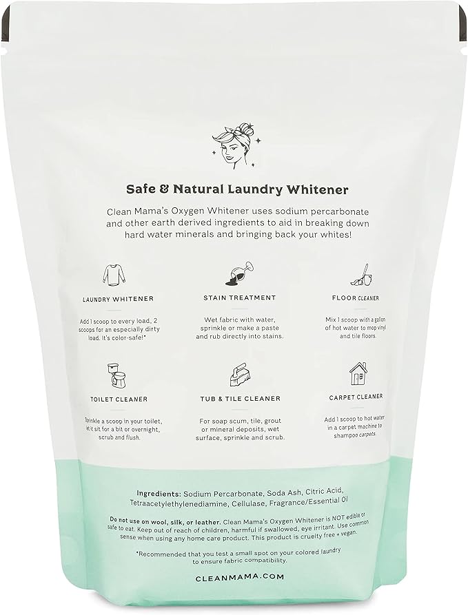 Clean Mama Natural Oxygen Whitener and Stain Remover - Color-Safe Natural Bleach Alternative - Plant-Derived Oxygen Powder, Whitens & Brightens Whites and Colors - Sweet Mint, 2.53 lbs