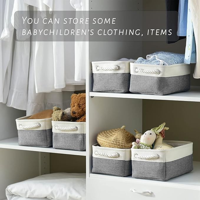 TcaFmac Small Storage Baskets for Shelf 6 Pack Canvas Storage Basket with Handles Fabric Storage Basket for Organizing Storage Bin (White and Grey, 12x8x5")