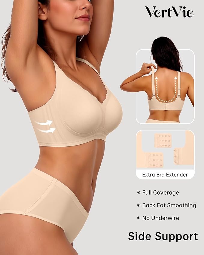 Vertvie Womens Seamless Bras No Underwire Supportive Wireless Push Up Full Coverage Bralette Comfort Scalloped T-Shirt Bra