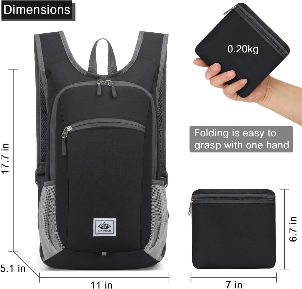 Esup 15L Lightweight Hiking Backpack Foldable Small Travel Backpack Packable Camping Backpack for Women Men (Black)