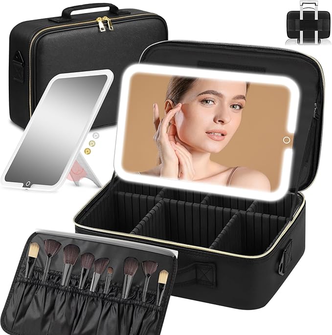 Large Travel Makeup Bag with LED Mirror, 3-Color Stepless Dimming Stand Mirror Detachable, with Adjustable Divider, Makeup Brush Holder Storage (Black)