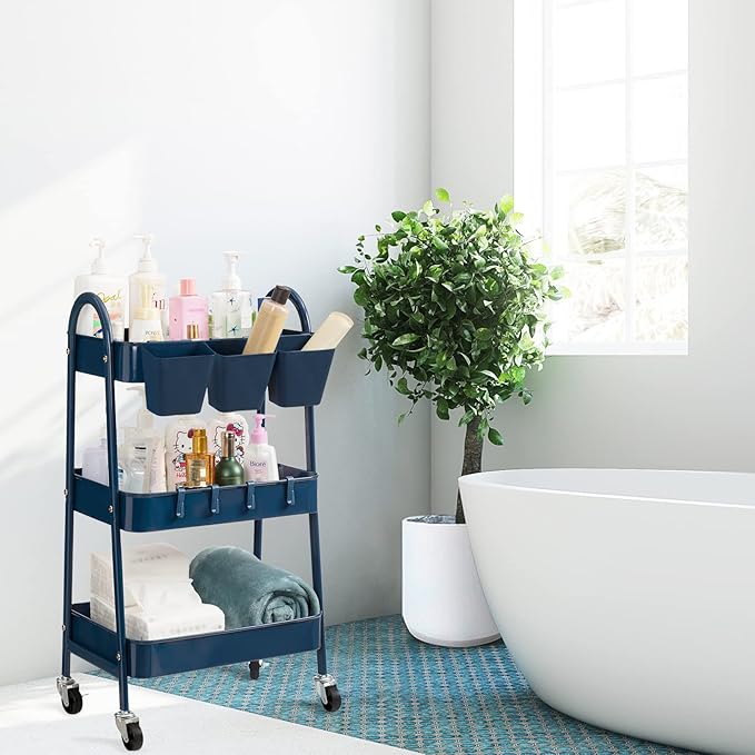 danpinera 3-Tier Rolling Cart, Metal Rolling Storage Cart with Lockable Wheels & Hanging Cups & Hooks, Mobile Trolley Cart for Kitchen, Bathroom, Office, Workshop, Dark Blue