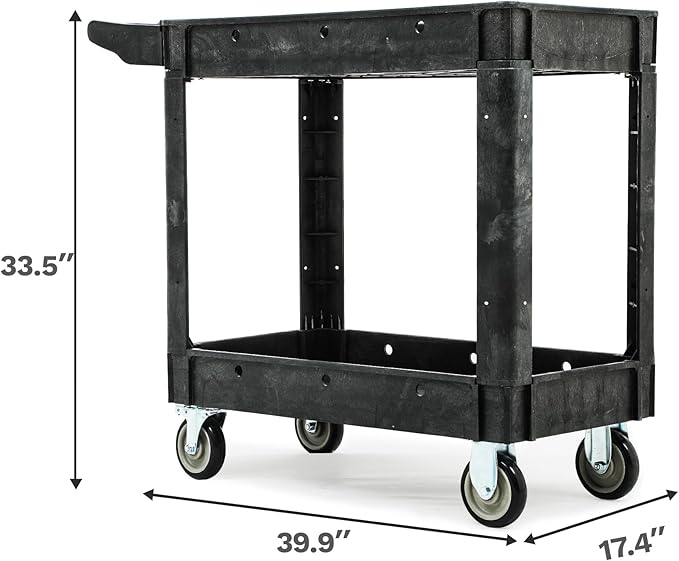 DWVO Utility Cart, 1000 lbs Capacity, 2 Shelf Heavy Duty Plastic Service Utility Cart on Wheels, Rolling Storage Work Carts Suitable for Warehouse, Garage, School & Office, Cleaning, Black