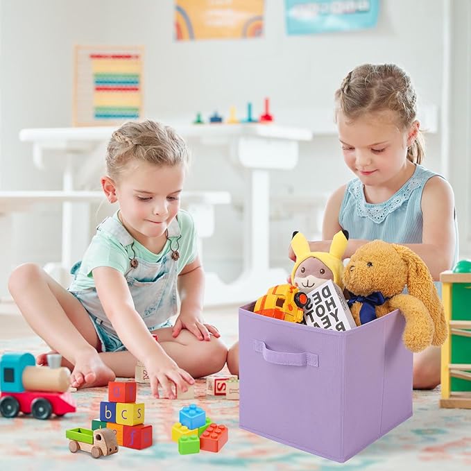 Stero Fabric Storage Bins 6 Pack Fun Colored Durable Storage Cubes with Handles Foldable Cube Baskets for Home, Kids Room, Closet and Toys Organization Purple, Pink, peachpuff