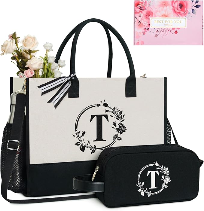 TOPDesign Personalized Initial Canvas Tote Bag, for Wedding, Birthday, Beach, Perfect Gifts for Women, Mom, Teachers, Friends