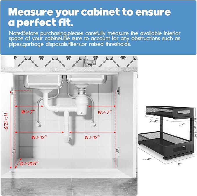 1 Pack 20.47IN Depth Under Sink Storage Organizer, Large 2-Tier Elegant Mesh Pull Out Shelf for Kitchen and Bathroom Cabinet Organization, L-Shaped and Adjustable Height Design-Black