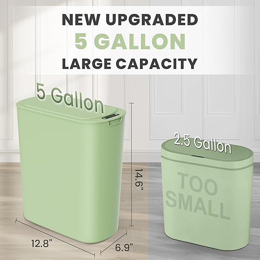 Cesun Motion Sensor Trash Can, 5 Gallon Automatic Bathroom Garbage Can with Lid, Touchless Smart Plastic Slim Wastebasket for Bathroom, Office, rv, Bedroom, Living Room, Green