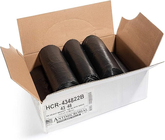 Aluf Plastics High Density Trash Bags, 56 Gallon, 150 Count, 22 Micron (eq), 43" x 48", Black, for Bathroom, Office, Industrial, Commercial, Janitorial, Municipal, Recycling