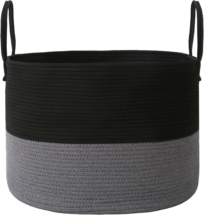 Woven Blanket Basket,65L Large Rope Storage Bin with Handles, Organizer for Blankets Toys Book and Clothes, Laundry Basket for Living Room Bedroom Nursery,Black&Grey