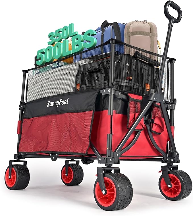 SUNNYFEEL Heavy Duty Collapsible Outdoor Utility Wagon Cart 500LB Capacity Adjustable Handlebar,Foldable Beach Wheels Stable Durable Oxford Fabric for Shopping Garden Camping (Red, Tall Version)