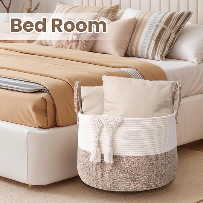 Woven Blanket Basket,115L Large Rope Storage Bin with Handles, Organizer for Blankets Toys Book and Clothes, Laundry Basket for Living Room Bedroom Nursery,White&Brown