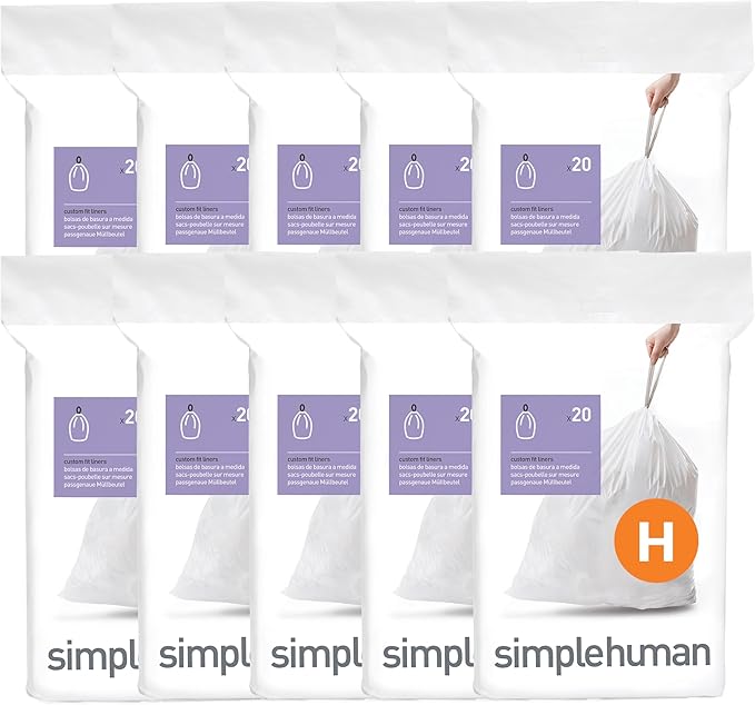 simplehuman Code H 200 Count, Dispenser Pack Custom Fit Liners, Drawstring Trash Bags, 30-35 Liter / 8-9 Gallon, White