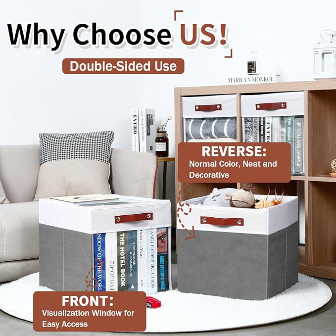 HNZIGE Fabric Cube Storage Bins - 4 Pack 13x15x13 Collapsible Storage Cubes for Organizing Shelves, Closet, Pantry - White, Gray
