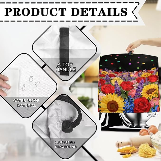 Stand Mixer Covers Compatible with 6-8 Quart Colorful Flowers Kitchen Aid Mixer Fit All Tilt Head Bowl Lift Models Easy Clean Mixer Covers