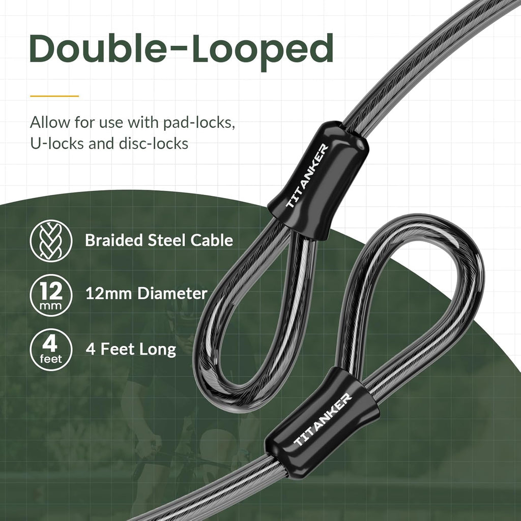 Titanker Bike Lock Cable,12mm Thick Security Cable with Loops Heavy Duty Steel Cable Vinyl Coated Bike Cable Lock Security Chain (4ft, 7ft, 15ft, 30ft)