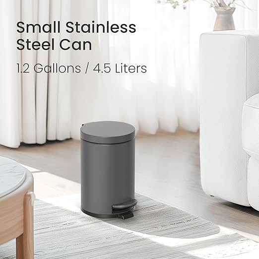 Cesun 1.2 Gallons Small Gray Trash Can, Bathroom Garbage Can with Lid and Foot Pedal, Mini Round Wastebasket for Bathroom, Bedroom, Office, 4.5 Liters / 1.2 Gallons, Gray