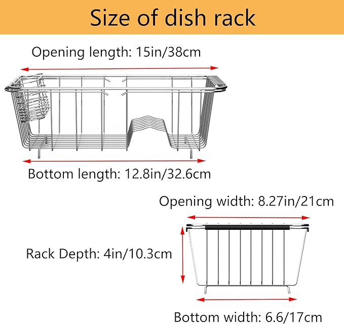 Stainless Steel Dish Drying Rack(15"L x 8.3"W x 4.2"D), Expandable Fruit & Vegetable Drain Rack over Sink, Dish Drainer Rack in Sink, with Stainless Steel Utensil Holder & 16" Silicone Mat