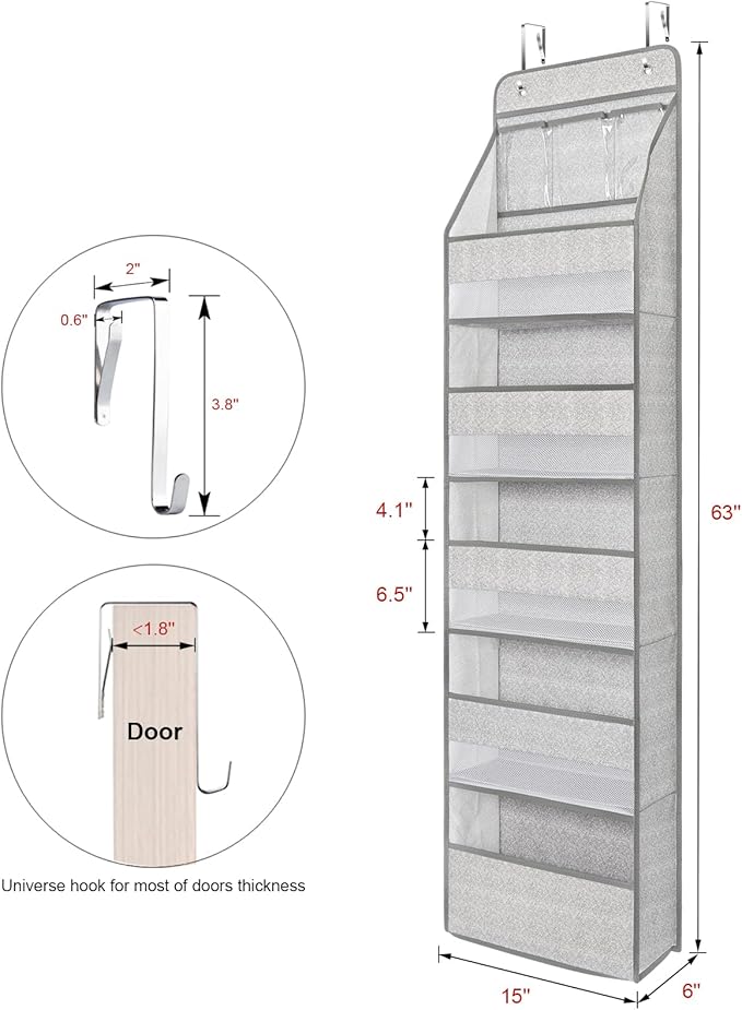 Univivi 6-Shelf Over Door Hanging Organizer Fabric Baby Door Storage with 5 Large Pockets and 3 Small PVC Pockets Wall Mount Hanging Storage Organizers for Baby Essential (Grey Pattern)