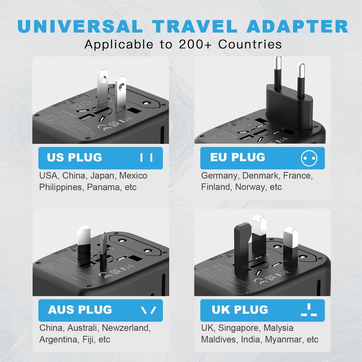 Universal Travel Adapter, GaN 65W International Power Adapter, 3 USB-C & 1 USB-A Fast Charging Travel Charger, All in One Worldwide Travel Plug Adapter, Outlet Adapter for Europe UK USA AU