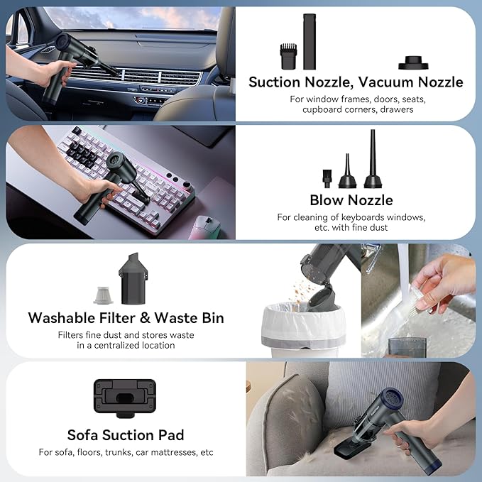 FOUNFOUN Handheld Vacuum Cordless, Portable Car Vacuum, High Power Cleaner for Pet Hair/Car/Home, Suction & Blow 2 in 1, 17-30 Min Run Time, Small Lightweight Gadget, Type-C Rechargeable