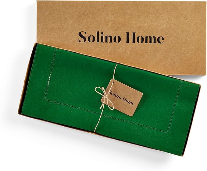 Solino Home Linen Garden Green Table Runner 90 Inches Long - 100% Pure Linen Hemstitch 14 x 90 Inch Table Runner for Dining, Christmas, Winter, New Year - Classic Hemstitch
