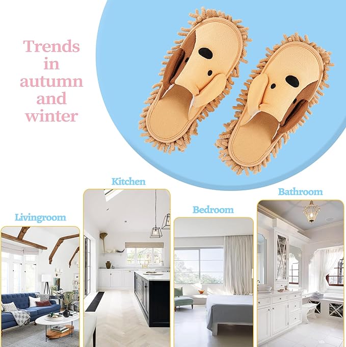 Cartoon Dog Mop Slippers Microfiber Clean Dusting Slippers Detachable Mopping Shoes for Office Home Room (Khaki)