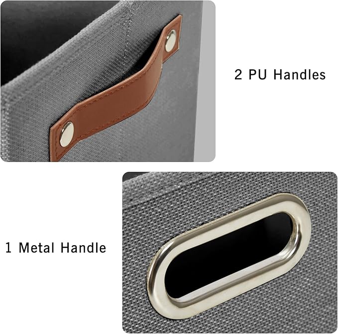 3-Pack Foldable Fabric Storage Bins with Durable PU & Metal Handles, Collapsible Storage Baskets for Shelves, Home Storage, Closet Organizers, Living Room(17"x11.8"x11.8", Grey)
