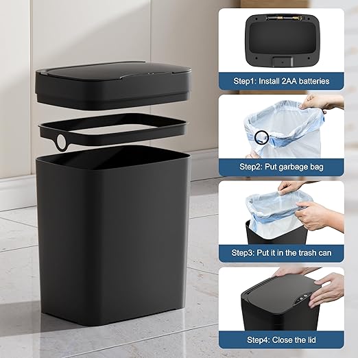 2 Pack 2.7 Gal Bathroom Trash Can with Lid, Automatic Trash Can Small Smart Garbage Can Touchless, Slim Motion Sensor Waterproof Plastic Trash Bins for Bedroom Office Kitchen Toilet Black