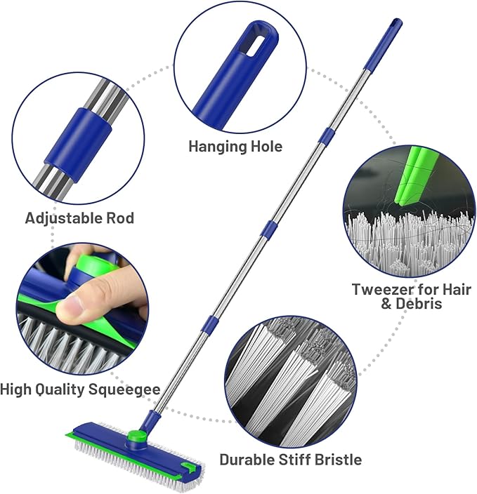 Floor Scrub Brush with Long Handle: 3 in 1 Heavy-Duty Floor Scrubber Brush with Squeegee for Cleaning Tile Bathroom Deck Kitchen Patio