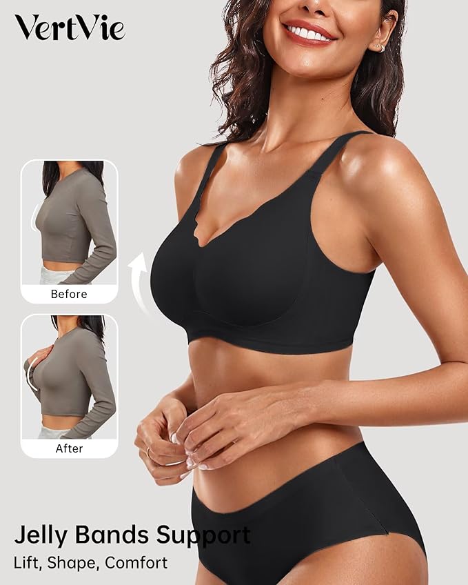 Vertvie Womens Seamless Bras No Underwire Supportive Wireless Push Up Full Coverage Bralette Comfort Scalloped T-Shirt Bra