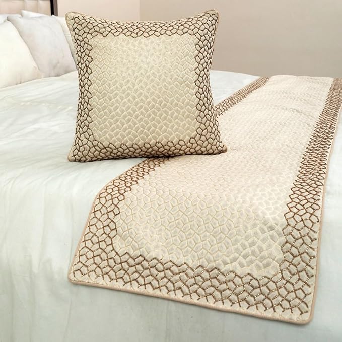 The HomeCentric King/Queen/Twin Ivory & Gold Decorative Full 68"x18" Bed Runner with 2 Pillow Cover, Mosaic & Beaded Bed Scarf on Jacquard Fabric - Tessellation