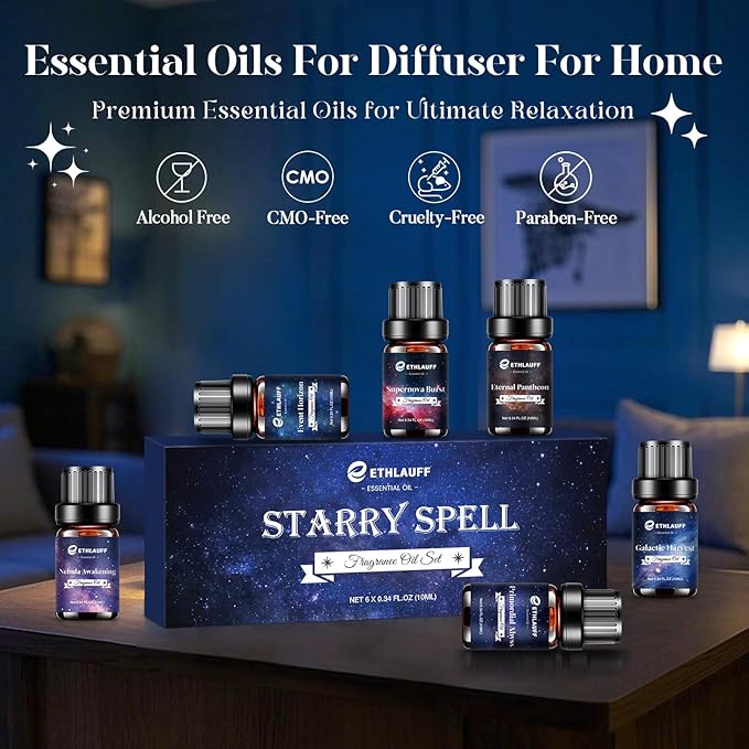 Essential Oil Blends, Starry Spell Essential Oil Set for Diffusers for Home, Humidifiers, Candle Making, Magical Aromatherapy Blends - Stress Relief, Calm Mind, Relax, Meditate, 6x10ml
