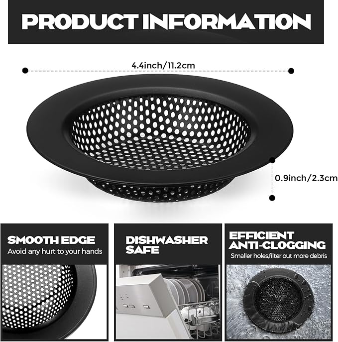 Retisee 2 Pcs Sink Strainer Stainless Steel Kitchen Sink Drain Strainer Basket Cover Mesh Hair Food Catcher, Large Wide Rim of 4.4 Diameter(Matte Black)