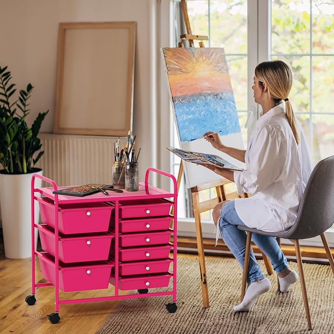 GOFLAME 9-Drawer Rolling Storage Cart, Mobile Utility Cart with Removable Drawers & Metal Frame, Art Craft Organizer Cart with Lockable Wheels, Storage Drawer Cart for Home Office School, Hot Pink