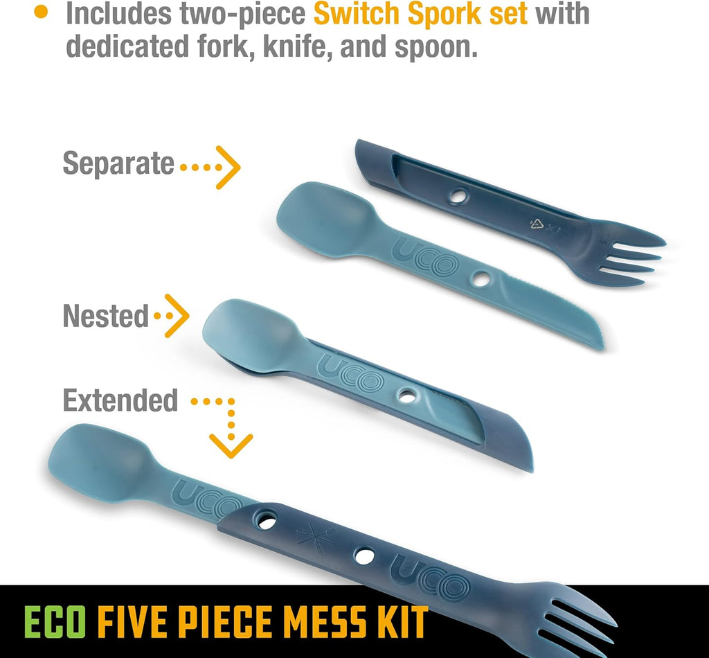 UCO Recycled ECO 5-Piece Camping Mess Kit with Bowl, Plate, Switch Spork Utensil Set