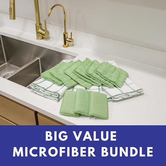Don Aslett's 12 Piece Microfiber Kitchen Set | 6 Multi-Purpose Wash Cloths, 3 Super Absorbent Kitchen Towels, 3 Scratch-Free Sponges | Lint Free | Green