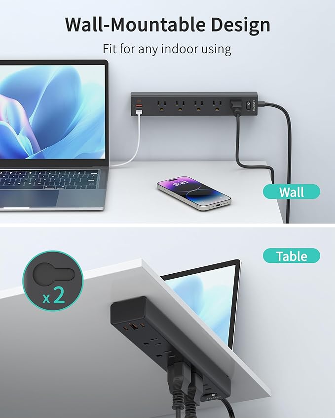 2 Prong Power Strip, 2 to 3 Prong Outlet Adapter with Polarized Plug, 1700J Surge Protector, 6ft Two Prong Extension Cord, 5 AC Outlets & 3 USB(5V 3.4A Max), Wall Mount for Non-Grounded Outlet