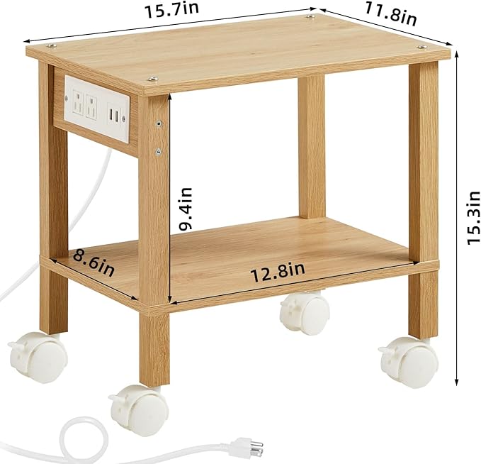 Lerliuo Under Desk Printer Stand with Charging Station, 2 Tier Wooden Small Printer Table with Storage, Rolling Printer Cart Shelf with Lockable Wheels for Home, Office (Natural)