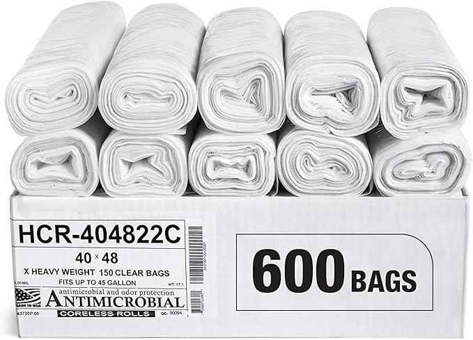 Aluf Plastics High Density Trash Bags, 45 Gallon, 600 Count, 22 Micron (eq), 40" x 48", Clear, for Bathroom, Office, Industrial, Commercial, Janitorial, Municipal, Recycling