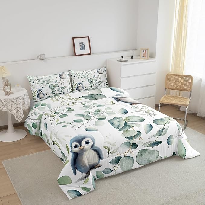 Erosebridal Cartoon Penguin Queen Bedding Sets Toddler Woodland Wildlife Comforter Set, Plant Down Comforter Eucalyptus Leaf Bedding Comforter Sets, Antarctic Animal Theme Duvet Insert Kids Room Decor