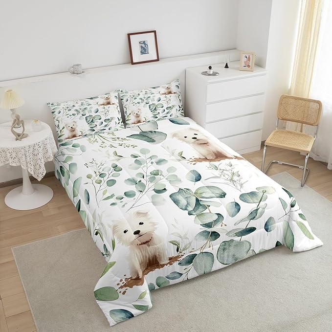 Erosebridal Cute Dog Toddler Bedding Sets for Kids Child Green Eucalyptus Comforter Set, Pet Animal Bedding Comforter Sets Botanical Plant Leaves Duvet Insert, Cartoon Pug Puppy Down Comforter