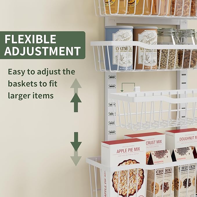 Over The Door Organizer，8-Tier Over The Door Pantry Organizer with Adjustable Baskets，Metal Hanging Pantry Organizers and Storage for Kitchen, Back of Door Seasoning Rack (White)