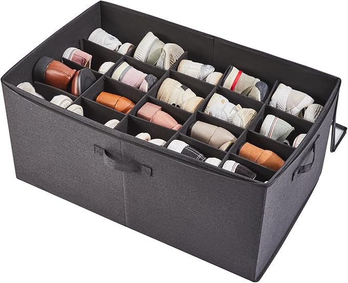 Shoe Storage Organizer for Closet, Shoe Box Organizer, Space Saving Foldable Shoe Rack, Shoe Storage Cabinet with Clear Cover and Reinforced Handles, Fits 20 Pairs, Black