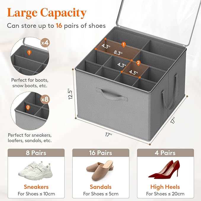 Lifewit Shoe Storage Organizer for Closet Fits 12-16 Pairs, Fabric Large Shoe Box Storage Containers with Clear Cover, Foldable Bins Fit for Boots Sneakers 17"(L) x 17"(W) x 12.5"(H) 1 Pack Light Gray
