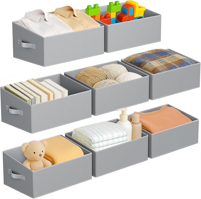 DIMJ Large Closet Storage Bins 8 Pack - Fabric Trapezoid Closet Organizer Bin, Foldable Storage Baskets for Shelves, Closet Shelf Organizer, Clothing Storage Box for Toys, Books, Towel, Clothes, Gray